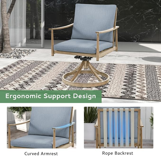9-Piece Outdoor Dining Set for 8, Aluminum Dining Set with Cushions, 8 Swivel Chairs with Rope Backrest, Large Rectangular Table with Umbrella Hole, Patio Dining Set for Lawn Porch Yard,Brown