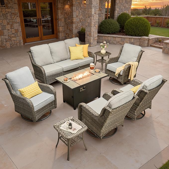 ovios 8-Piece Patio Furniture Set with Swivel Chairs Coffee Table, Outdoor Wicker Sofa with 42" Fire Pit Table, High Back Couch Modern Conversation Sets, Grey/Grey