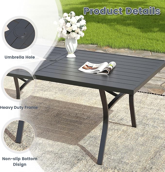 VICLLAX 9 Pieces Patio Outdoor Dining Set, 8 Swivel Textilene Chairs and 70" Rectangular Metal Table with Umbrella Hole for Porch, Deck, Garden, Black