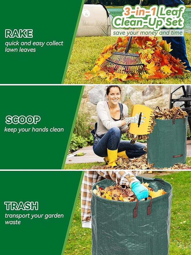 Garden Rake Set for Leaves Lawns, 3-in-1 Gardening Tools Kit with 25 Tines Wide Metal Rake, Leaf Scoops Hand Claws, 32 Gallon Reusable Yard Waste Bag, Heavy Duty 79" Rakes for Pick Up, Clear n Collect