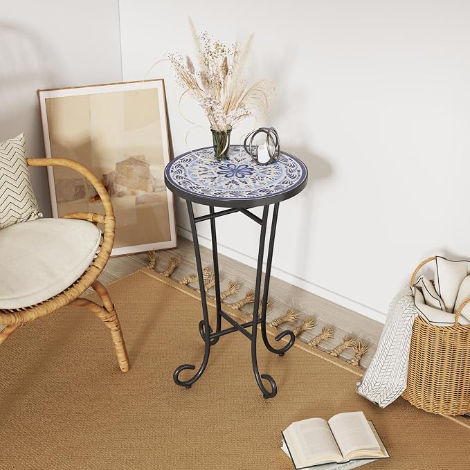 Outdoor Metal Side Table with Ceramic Tile Top Mosaic Patio Side Table and Plant Stand Tables, Round Side End Tables for Yard Porch Balcony Garden, Daisy Purple