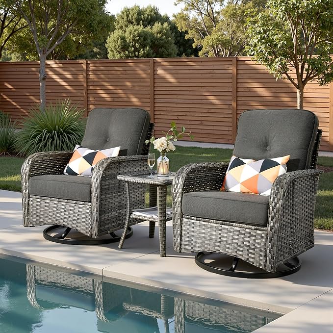 3-Piece Patio Furniture Set, Outdoor Wicker Furniture with Coffee Table, High Back Swivel Rocker Patio Chairs, Modern Rattan Outdoor Chairs Conversation Set for Porch, Balcony, Garden, Black