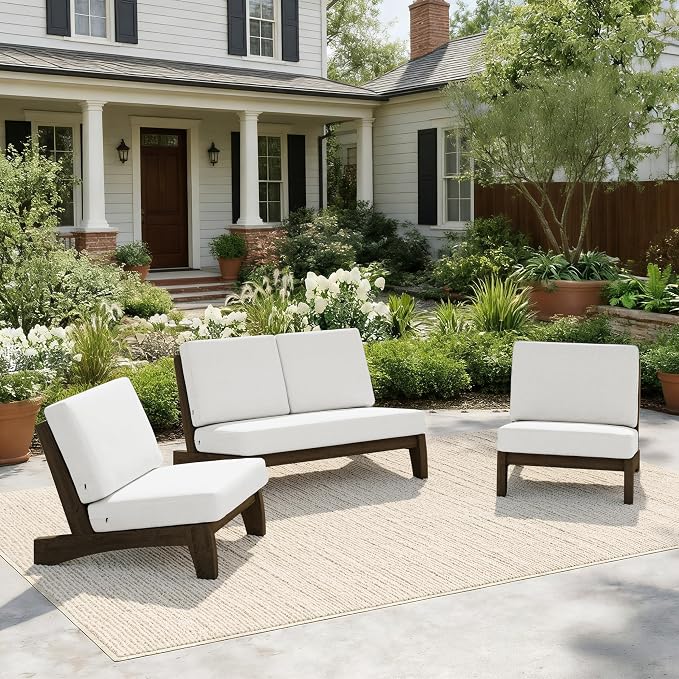 Pia Ricoo 4 Piece Patio Furniture Sets, Outdoor Loveseat Sofa Set with 2 Chairs & Coffee Table, Patio Conversation Set for Backyard, Deck, Lawn, Beige