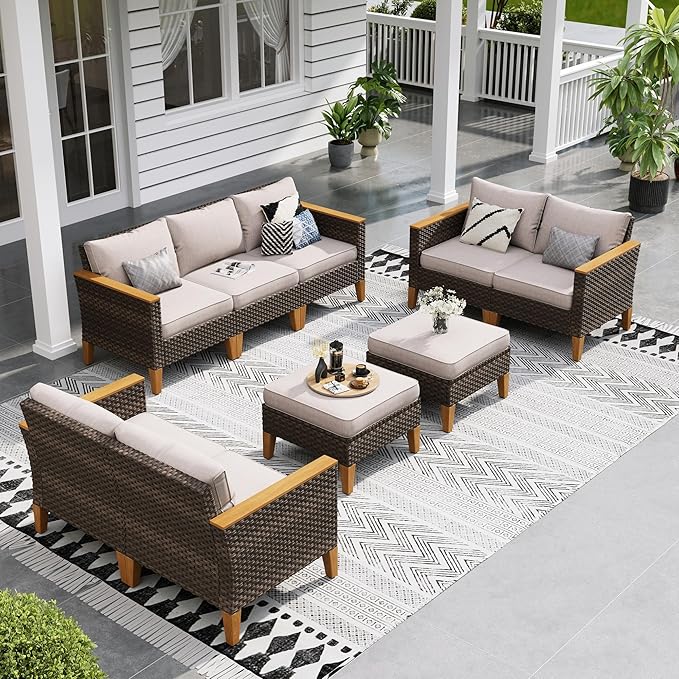 Sophia & William Wicker Patio Furniture Set, Outdoor Rattan Sectional Sofa 9 Piece Patio Conversation Set with 6 x Corner Sofa, 1 x Armless Chairs, 2 x Ottoman for Deck, Backyard, Porch(Beige)