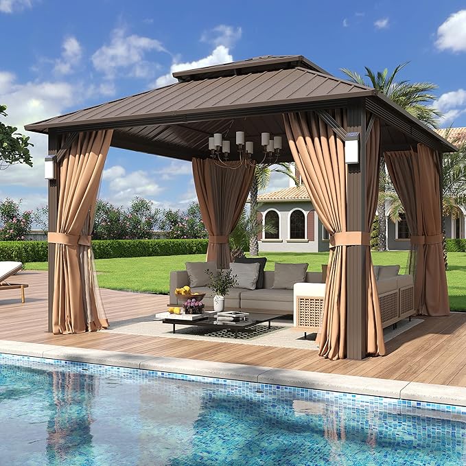 Aoxun 12'x12' Hardtop Gazebo with 4 LED Lights, Outdoor Gazebo with Galvanized Steel Double Roof, Patio Gazebo with Breathable Netting & Privacy Curtain, Decor Hooks for Backyard, Brown