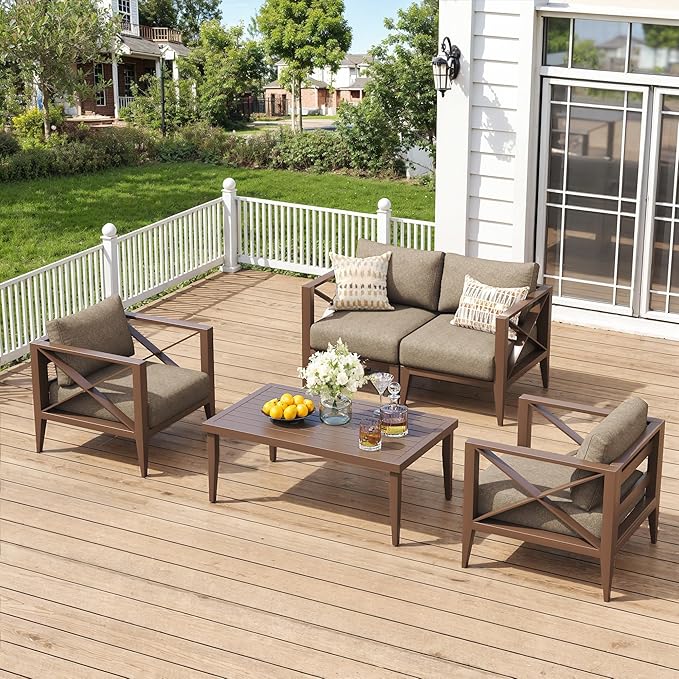 5-Piece Aluminum Patio Furniture Set, Oversized Outdoor Conversation Sofa Set with Coffee Table, Brown All-Weather Deep Seating, Rust-Proof Frame for Backyard, Deck, Porch, or Balcony