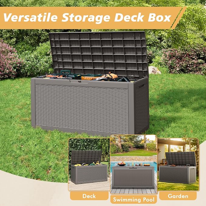 Fancyango 60 Gallon Outdoor Deck Box Waterproof, Storage Box for Patio, Resin Storage Bench Lockable for Garden Tools, Package Delivery, Grey