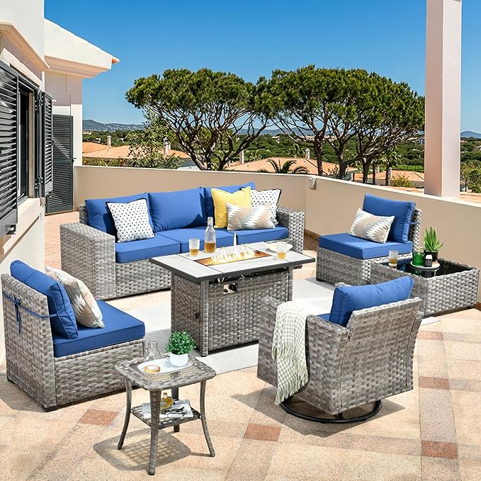 HOOOWOOO Outdoor Patio Sectional Furniture Sofa Set with Large Fire Pit Table,9 Piece Modern Wicker Couch with Swivel Chair,Modular Conversation Seating Set with Widened Armrest(Navy Blue)