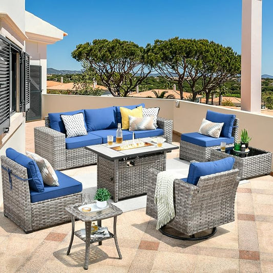HOOOWOOO Outdoor Patio Sectional Furniture Sofa Set with Large Fire Pit Table,9 Piece Modern Wicker Couch with Swivel Chair,Modular Conversation Seating Set with Widened Armrest(Navy Blue)