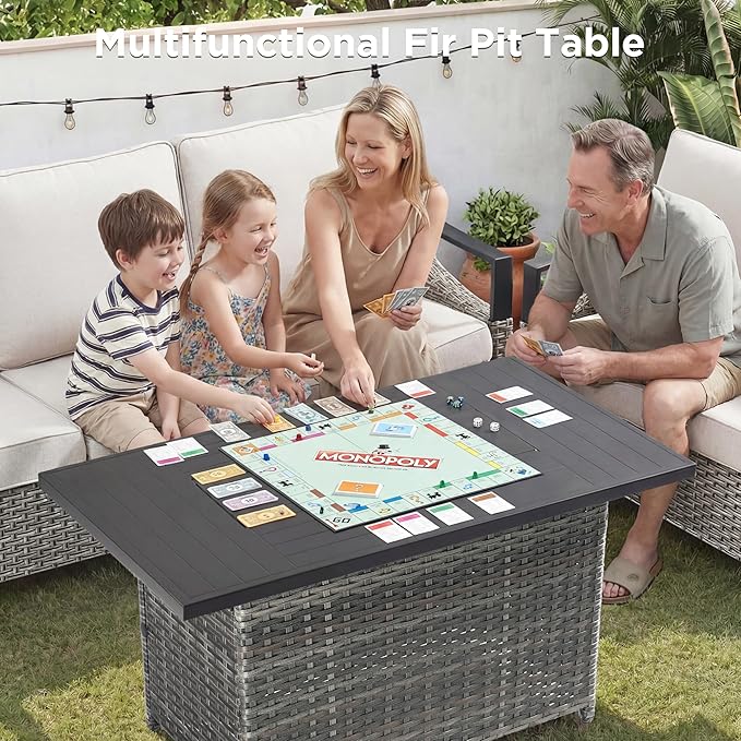 Patio Furniture Set with 42.5" Fire Pit Table-8 Pieces All Weather Wicker Outdoor Furniture with High Back Swivel Patio Chairs Set of 4 Outdoor Patio Conversation for Deck Garden Beige/Gray