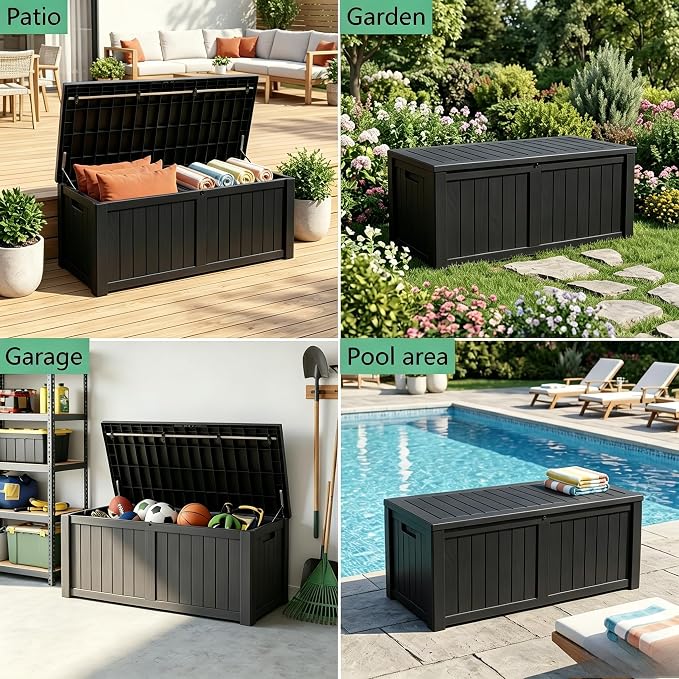 148 Gallon Resin Deck Box - Outdoor Storage Chest for Patio Furniture Cushions, Garden Tools, Pool Accessories & Backyard Organization Lockable Waterproof All-Weather Wood Grain Design, Easy Assembly