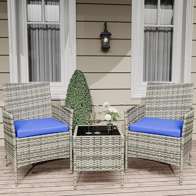 Patio Furniture Set 3 Pieces,Outdoor Patio Conversation Sets, PE Rattan Wicker Furniture Sets with 2 Chairs,Soft Cushion and 1 Coffee Table, Bistro Set of 2 for Backyard Balcony Porch Apartments,Grey