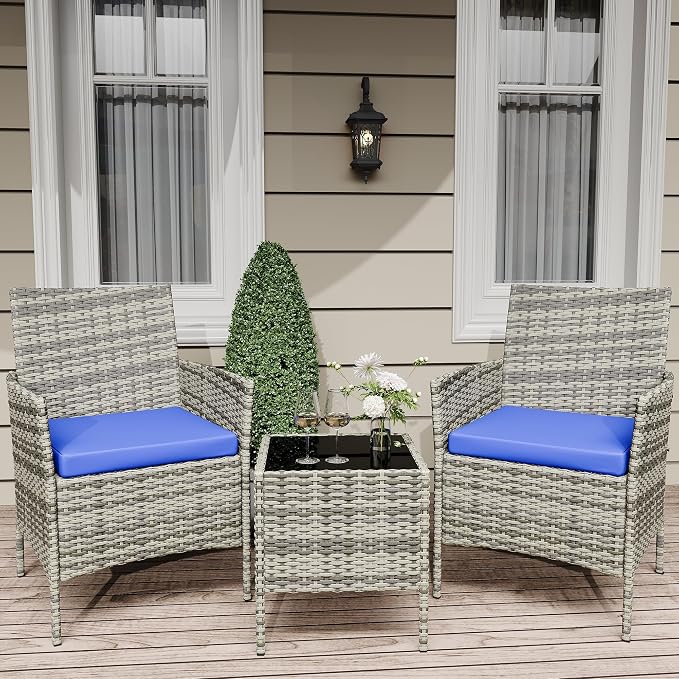GAOMON Patio Furniture Sets 3 Pieces, PE Wicker Modern Patio Conversation Set with Storage Cushions for Poolside, Deck, Balcony (Grey/Blue)