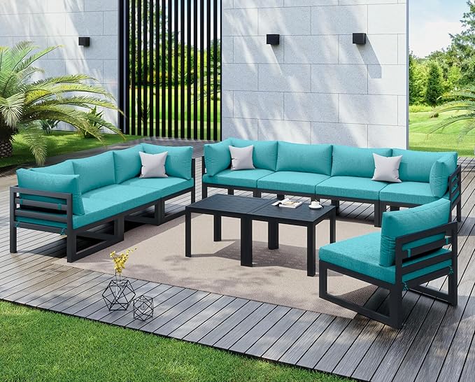 NICESOUL 10 Piece Oversized Modular Aluminum Outdoor Furniture Set, 29" Deep and Wide Sectional Seating, 500 lbs High Weight Capacity Water Resistant Patio Conversation Set for Garden Deck, Turquoise