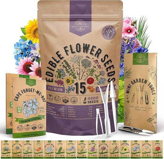 Organo Republic 15 Edible Flower Seeds Variety Pack for Indoor Outdoor Gardening - 4,800+ Non-GMO Heirloom Flower Seed: Borage, Bishop's Flower, Chicory, Chives, Hyssop, Echinacea, Lavender & More