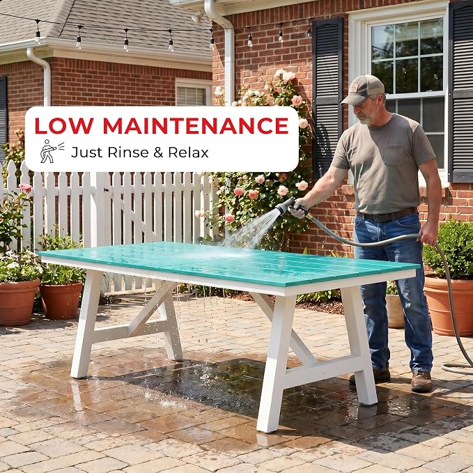 Costaelm Stinson 9-Piece Outdoor HDPE Patio Dining Table Set with Umbrella Hole & Dining Chairs for 8, Turquoise