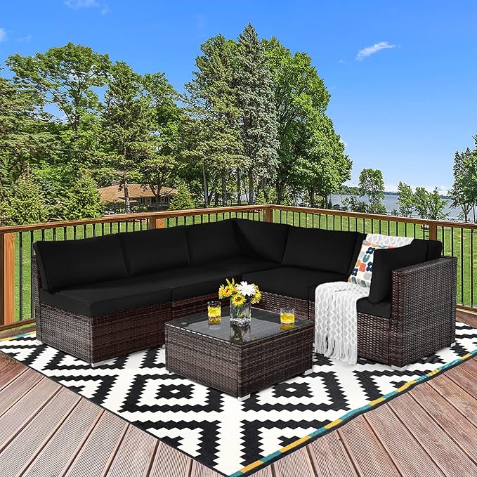 Tangkula 6 Pieces Patio Furniture Set, Outdoor Wicker Conversation Set with Glass Coffee Table, Wicker Sofa Set with Back & Seat Cushions, Rattan Sectional Conversation Couch Set for Backyard Garden
