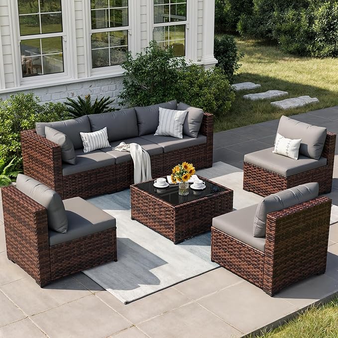 Patio Furniture Set, 7-Piece Outdoor Sectional Rattan Sofa Set with Coffee Table (Grey Cushions with Brown Rattan)