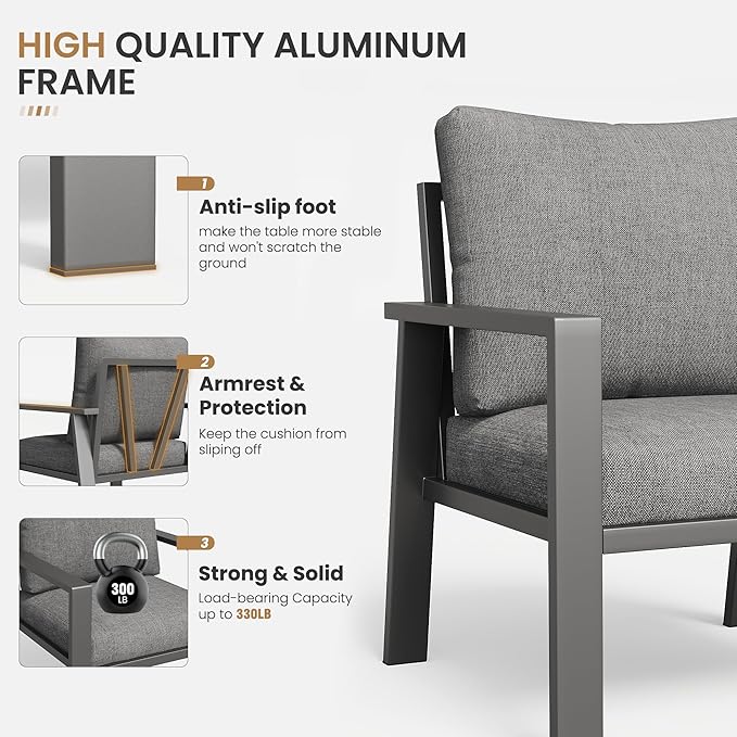 4-Piece Aluminum Outdoor Patio Furniture Sets All-Weather Patio Conversation Set Sectional Sofa with Coffee Table & Cushions with Removable Covers for for Deck Backyard Garden Poolside Balcony Porch