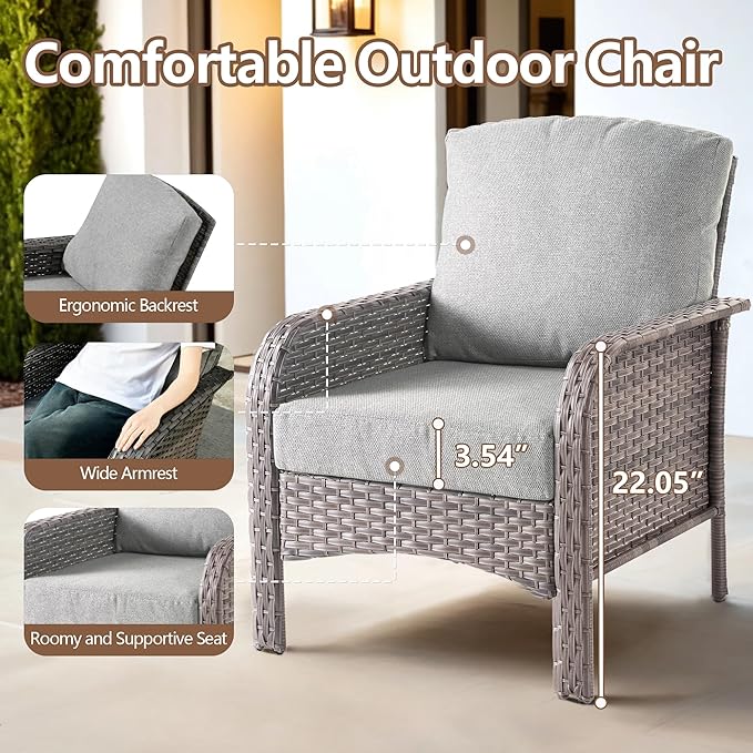 3 PCS Outdoor Patio Furniture Set with Side Table, All-Weather Rattan Wicker Outdoor Conversation Set with Thickened Cushions for Balcony Backyard Garden Lawn,Dark Grey