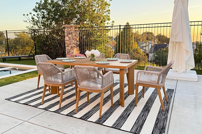 PURPLE LEAF 7 Pieces Patio Dining Set Aluminum Modern Rectangular Table and Rattan Arm Chairs with Cushions for Kitchen Porch Garden Outdoor Furniture Sets, Teak