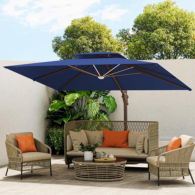 10 X 13 FT Cantilever Outdoor Patio Umbrella with LED Lights Large Heavy Duty 360° Rotation Double Top Offset Rectangular Umbrellas for Backyard Garden Pool Outside Deck, Navy