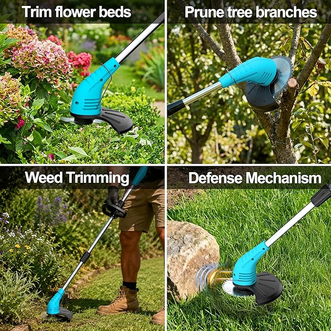 Cordless Weed Wacker, Grass Trimmer with 3 Types Blades and 2.0Ah Li-Ion Battery Powered,12V Electric Weed Trimmer/Edger for Garden Yard Work and Lawn Care (Blue)