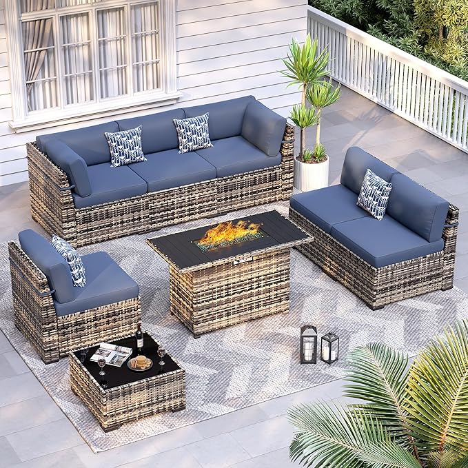 8-Piece Patio Furniture Set with 44” Fire Pit Table - All-Weather Wicker Conversation Sectional Sofa & Coffee Table with Thickened Cushions for Backyard, Garden(Navy Blue)