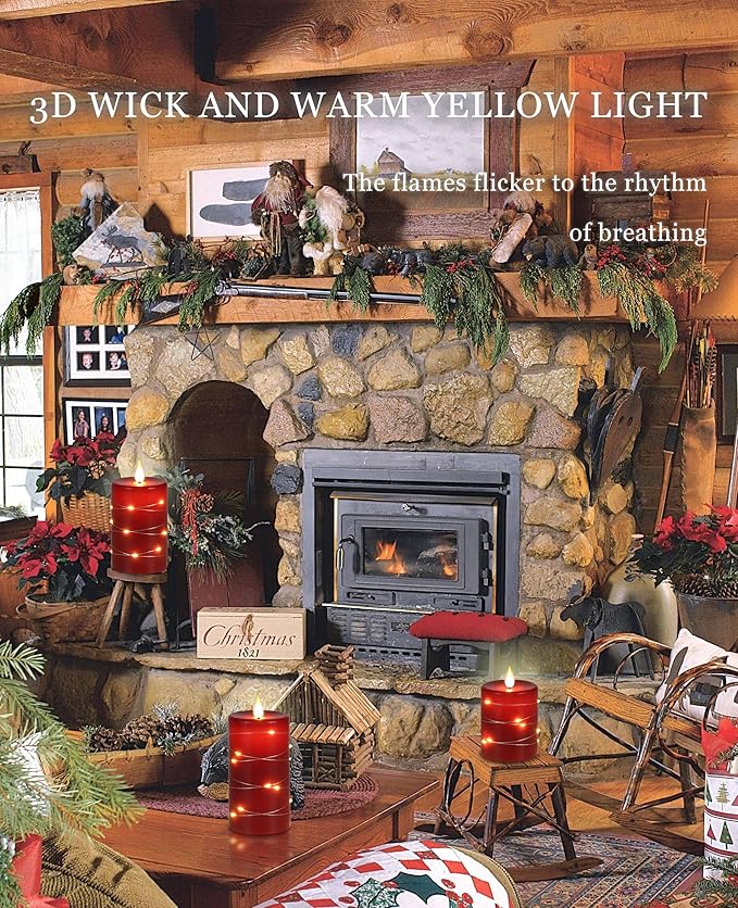 Red Flameless Candles with String Lights Battery Operated LED Pillar Candles 4‘’ 5‘’ 6‘’ Candle with Remote Control,Fake Candle Set of 3 for Christmas or Special Festivals Decorations