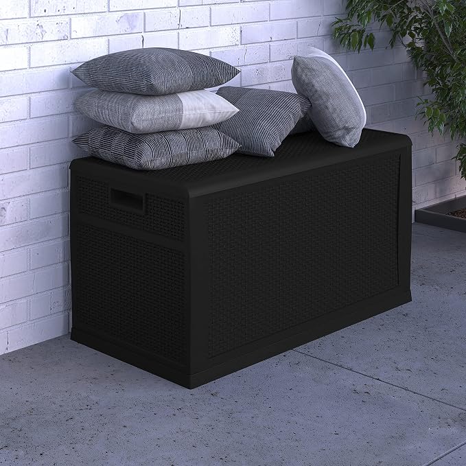 Merrick Lane Outdoor Storage Container - 120 Gallon Capacity - Black Weather Resistant Plastic - UV Treated to Prevent Fading - Chest Design with Hinged Lid