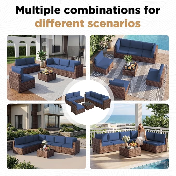 LHBcraft 7 Pieces Outdoor Wicker Rattan Patio Furniture, Wicker Rattan Outdoor Sectional Sofa Set with Coffee Table & Blue Cushions for Garden