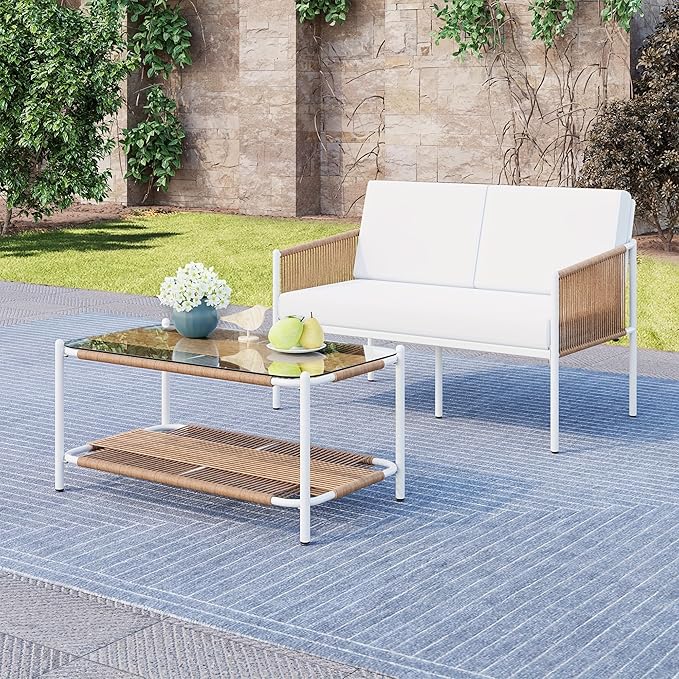 Vongrasig Outdoor Patio Furniture Set 2 Piece, Rattan Furniture Conversation Set, Small Wicker Patio Furniture Set for Porch, Backyard, Balcony with Soft Cushions and Glass Table