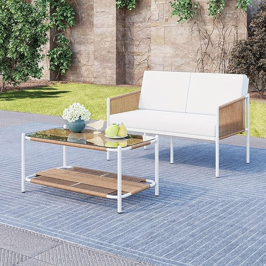 Vongrasig Outdoor Patio Furniture Set 2 Piece, Rattan Furniture Conversation Set, Small Wicker Patio Furniture Set for Porch, Backyard, Balcony with Soft Cushions and Glass Table
