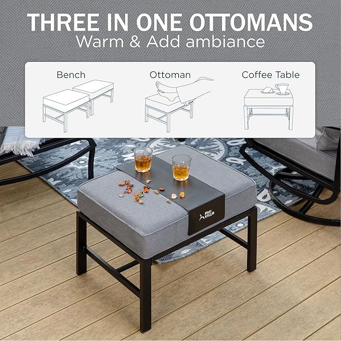PHI VILLA Patio Furniture Set with FirePit Table, Outdoor Furniture with 1 x 3-Seat Wide Deep Seating Bench, 2 x Swivel Sofa Chairs & 2 Ottomans, 5.75" Thick Cushioned Outdoor Conversation Set, Grey