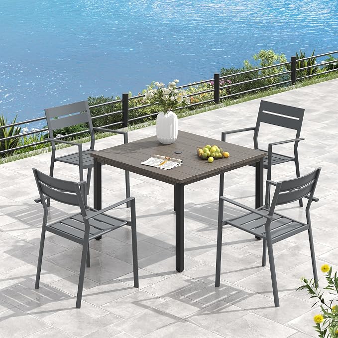 VICLLAX Square Patio Dining Table for 4, Outdoor Patio Table with Umbrella Hole for Garden Lawn Deck Backyard, Antique Grey Tabletop