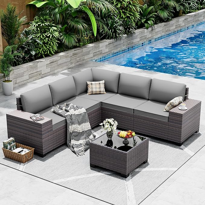 Outdoor Patio Furniture Set, 6 Pieces Outdoor Sectional Furniture High Backrest Patio Sofa, All-Weather PE Rattan Patio Conversation Set with Coffee Table & Cushions