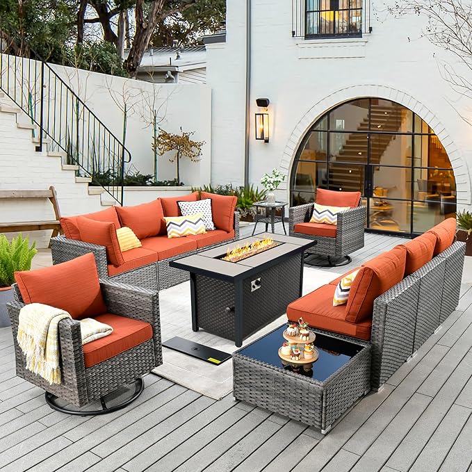 11 Piece Outdoor Patio Furniture Set with 53" Fire Pit Table, Wicker Sectional Conversation Set Whit Swivel Chairs,Modern Outside Sofa for Balcony Backyard(Red)