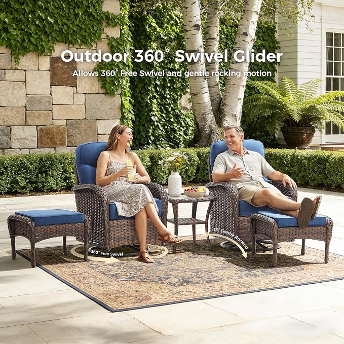 Luxury Patio Furniture Set with 6-inch Thick Cushions, Outdoor Furniture Set with High Back Swivel Chairs, 6 PCS Wicker Outdoor Conversation Set for Porch, Patio, Yard, Deck, Poolside, Brown/Blue