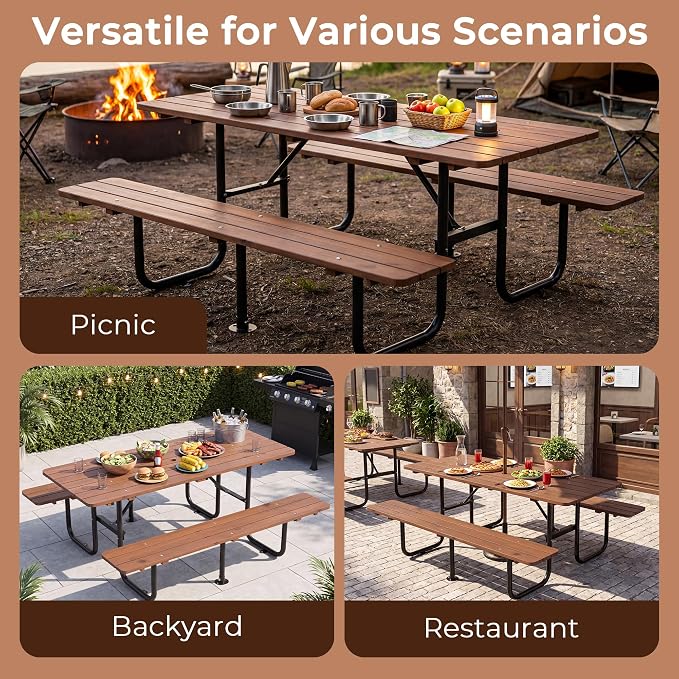 72 Inch Rectangular Outdoor Picnic Table for 6 Person, Heavy Duty Wooden Dining Set with Built-in Benches, 1.97 Inch Umbrella Hole, Waterproof and Corrosion Resistant