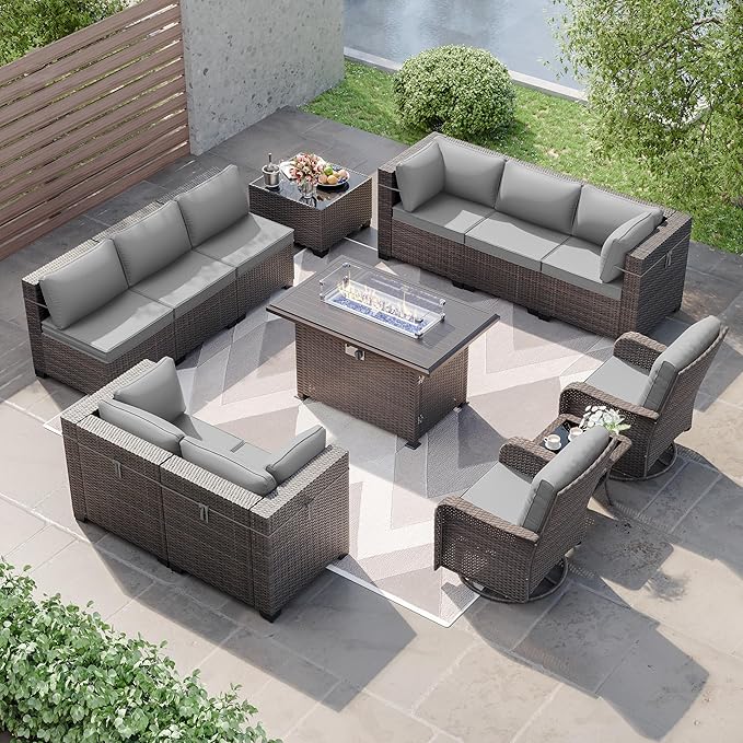 Patio Furniture Sectional Sofa Set 13-Pieces PE Rattan Swivel Rocking Chairs Patio Conversation Set w/43in Gas Fire Pit Table, Outdoor Furniture with Coffee Table, Grey