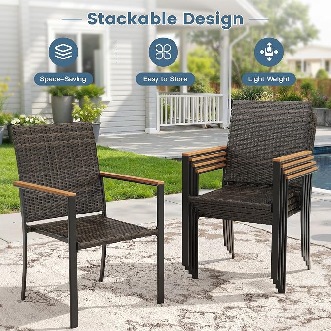 DIFY 5 Piece Patio Dining Set, Metal Outdoor Table and Chairs Set for 4, 40.6" Round Walnut Dining Table with Umbrella Hole & Wicker Stackable Patio Chairs, Patio Furniture Set for Garden Backyard