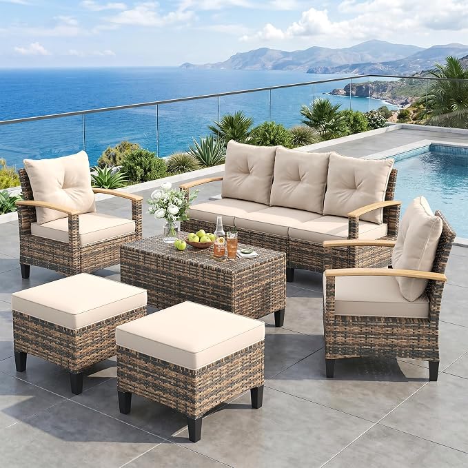 UDPATIO Patio Furniture Set, 6 Pieces Outdoor Wicker Conversation Set with 2 Ottomans & Storage Table for Lawn, Porch, Garden, Backyard, Khaki