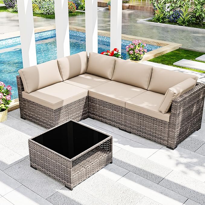 Joyside 5-Piece Patio Furniture Set, Rattan Outdoor Sectional Wicker Patio Conversation Set with Cushions and Coffee Table