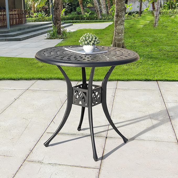 NUU GARDEN 30 Inch Patio Dining Table, Cast Aluminum Round Outdoor Table with Umbrella Hole for Patio, Backyard, Deck-Black