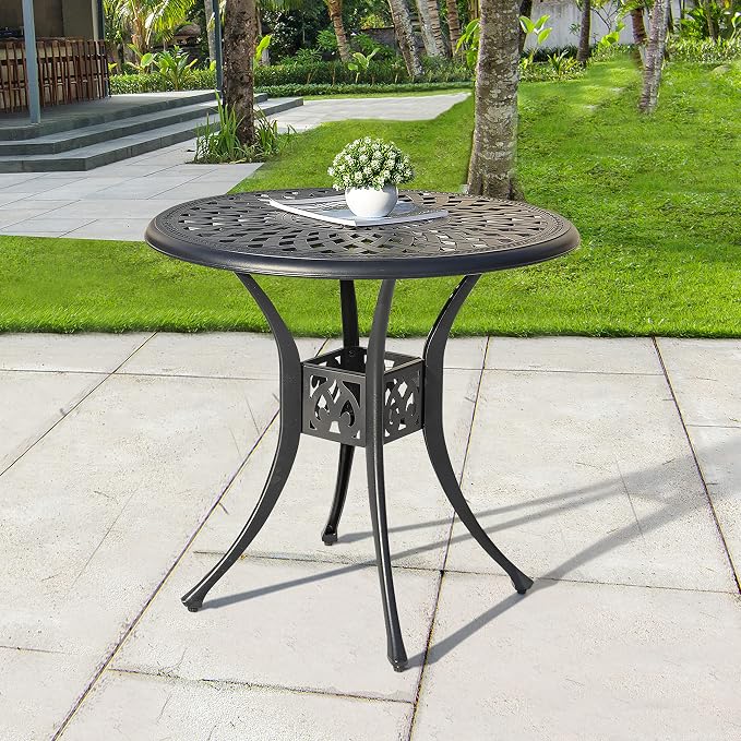 NUU GARDEN 30" Round Patio Bistro Table, Cast Aluminum Round Outdoor Bistro Table with Ice Bucket Function and Umbrella Hole for Poolside, Deck, Backyard, Balcony, Black with Gold Point