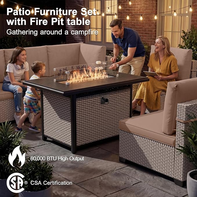 Patio Furniture Set, 8-Piece Outdoor Sectional Sofa with 60,000 BTU Fire Pit Table & 2-Layer Glass Coffee Table, Wicker Patio Conversation Set with Khaki Cushions