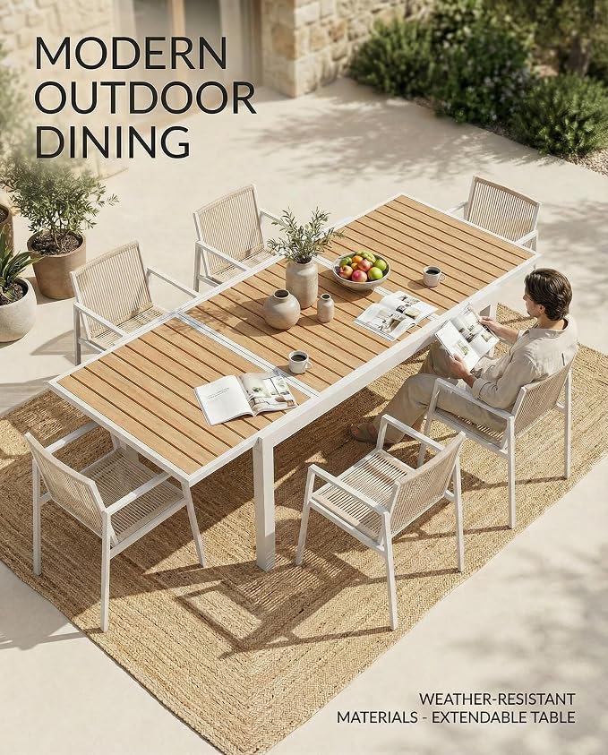 ZANDOR Expandable Patio Dining Table for 4-8 People, Aluminum Outdoor Square Table(55"- 82.7") with Safety Lock, Adjustable Height - Wood Grain for Backyard, Garden, Porch, Yard, Poolside,White