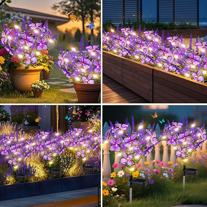 NBQQ Solar Garden Lights Outdoor 4 Pack Lavender Butterfly Lights, Solar Artificial Flower Outdoor Waterproof Decoration Gardening Gifts for Women, Yard Patio Pathway Lawn Courtyard Decoration