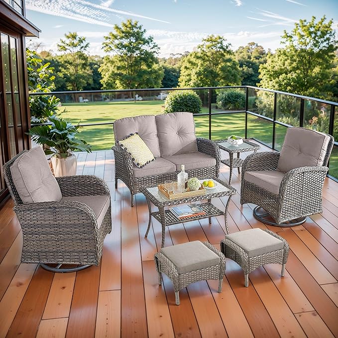 7 Piece Patio Furniture Set - Wicker Patio Conversation Set with Swivel Glider, Loveseat Bench, 2 Ottomans, Glass Side Table and Coffee Table for Deck Backyard - Brown Wicker Beige Cushion