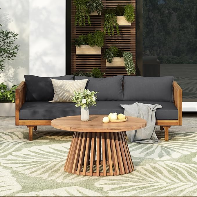 Merax Outdoor Acacia Wood Conversation Set - Patio 3-Seat Loveseat Sofa w/Coushion and Round Coffee Table for Backyard, Lawn, Balcony, Teak+Dark Gray/Light Teak